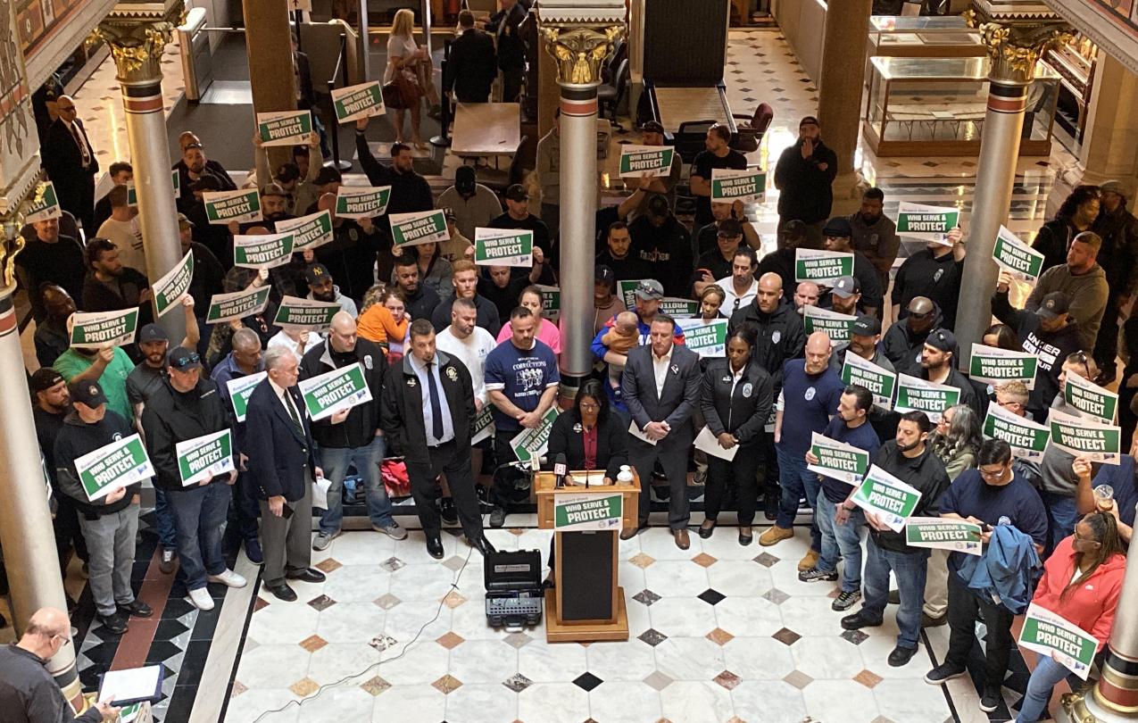 Members of AFSCME Local 387, 1565, and 391 of Council 4 who work in state corrections gathered for a rally and press conference at the State Capitol building in Hartford on Wednesday, April 10. Photo credit: Aaron Gallant/AFSCME.